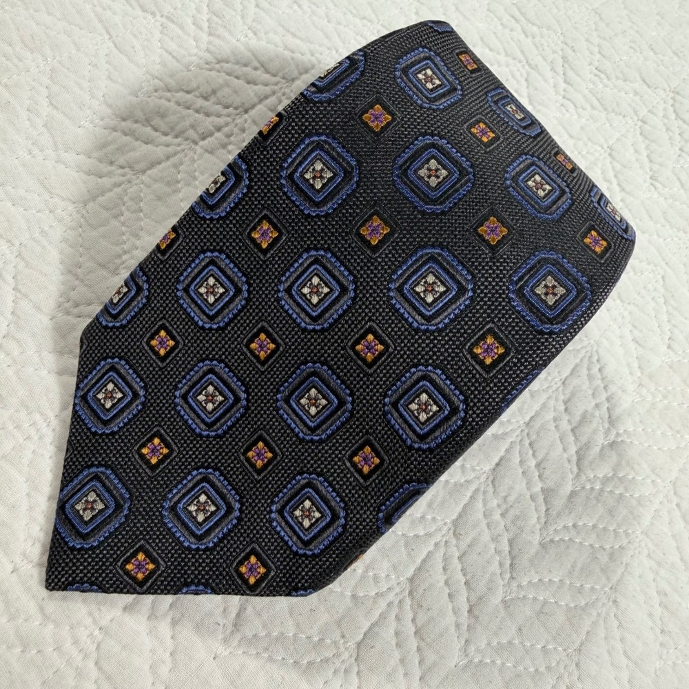 JZ Richards Silk Tie Mens Black Blue Gold Geometric Medallion‎ Made in USA Hand